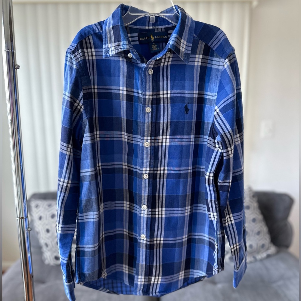 Polo Plaid Cotton Double Poplin Shirt   Color Royal Blue /Navy Blue Size M